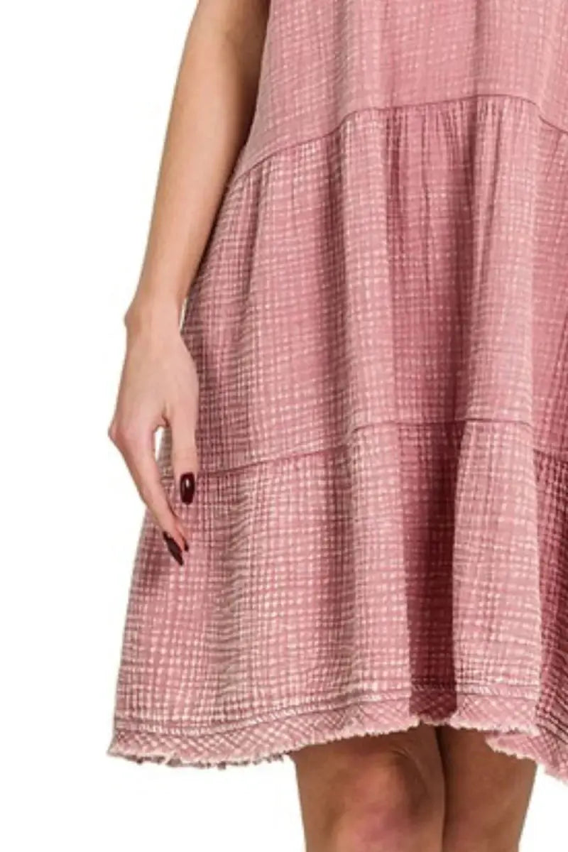 Zenana Washed Double Gauze Raw Edge V-Neck Dress for Summer - Love Salve